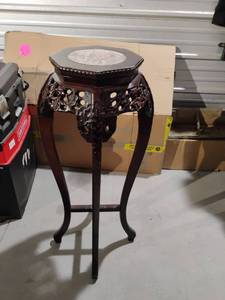 lot 114 image: Chinese Carved Wood Plant Stand with Marble Top. 37 x 14
