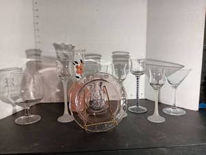 lot 159 image: Crystal Cordial Set with Frosted Stems and Pink dish and pink vase