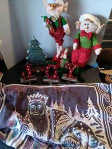 lot 261 image: Christmas decor throw Blanket, stocking holders, and more