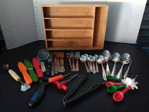 lot 339 image: Wood holder, Knifes, silverware and more