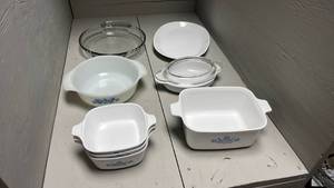 lot 857 image: Corning Ware Blue Cornflower Casserole Set & 2 Plain White Corning Ware Dishes & 1 Anchor 9in Pie Pan