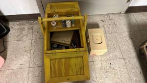lot 876 image: Yellow Wooden Sewing Thread Organizer Box