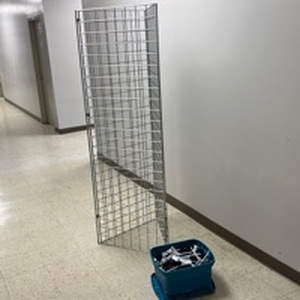 lot 893 image: Commercial Wire Grid Wall Panel System wTote Full of Hangers