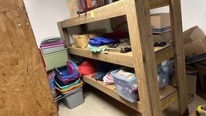 lot 898 image: Heavy Duty Custom Wood Storage Shelving Unit - Not as Heavy As The Pallet Racking Ones But Help Is Still Recommended (Approximately 6ft x 2ft x 6ft) - See Pictures For Exact Measurements (CONTENTS ON SHELF NOT INCLUDED)