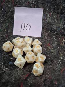lot 10 image: Pearl White Polyhedral Dice Set with Gold Numbers