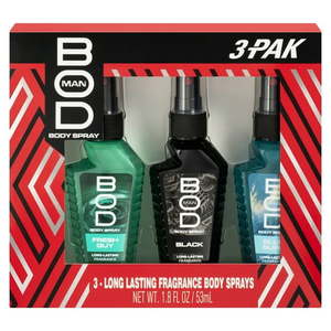 lot 230 image: BOD Man Body Spray Gift Set  Black  Fresh Guy  Blue Surf  3 Piece