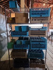 lot 12524 image: Assorted Lot W Commercial Rolling Kitchen Storage Rack, Dishwasher Racks and Cast Iron Pans