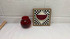 lot 59 image: Watermelon Kitchen Decor Set - Ruby Red Vase and Checkerboard Wall Art
