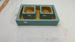 lot 60 image: Decorative Turquoise Ceramic Candle Sticks and Tray