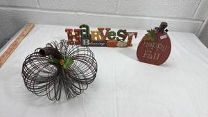 lot 163 image: Fall Harvest Decorative Set with Wire Pumpkin
