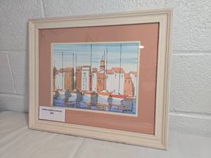 lot 218 image: French Harbor Watercolor Print in Custom Frame
