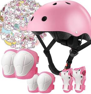 lot 1 image: Kids Bike Helmet Pads with Knee Elbow Wrist Pads Guards,Toddler Adjustable Pink Helmet Girls Child with Unicorn Sticker - Retail $24
