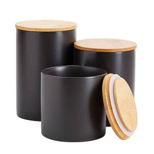 lot 26 image: Farmlyn Creek Set of 3 Matte Black Kitchen Canister with Airtight Wooden Bamboo Lids, Kitchen Counter Containers, Food Storage Jars, Ideal for Storing Sugar, Coffee and Other Dry Goods, (3 Sizes) - Retail $29