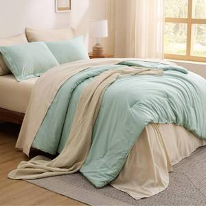 lot 27 image: Bedsure Twin Comforter Set - 5 Pieces Sage Green Twin Bedding Set for All Seasons, Boho Contrasting Design Bed in a Bag with Comforter, Sheets, Pillowcase & Sham - Retail $41