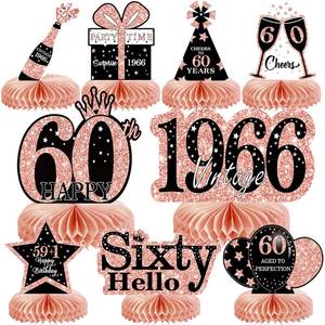lot 36 image: 9Pcs 60th Birthday Decorations Honeycomb Centerpieces for Women, Rose Gold Pink Happy 60th Birthday Centerpieces Tables Toppers Party Decorations Supplies, Vintage 1966 Aged Table Sign Decor - Retail $10