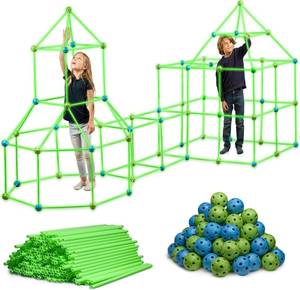 lot 49 image: 130 Piece Glow in The Dark Fort Building Kit - Indoor Play Engineering Set with Connecting Sticks & Balls - Creative STEM Building Toys - Retail $20