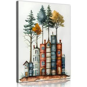 lot 57 image: PUUZDGDZ Reading Book Lovers Canvas Wall Art Whimsical Tree House Wall decor pictures Book-shaped house Poster Painting Prints for Gallery Living Room Home Decoration (12inx16in canvas) - Retail $17