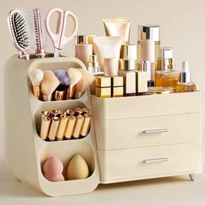 lot 81 image: HBlife Makeup Organizer with Brush Holder for Vanity, Large Plastic Bathroom Countertop Organizer Skin Care Storage, Easy to Store Lipsticks, Nail Polishes, Perfumes, Eyeshadow Palettes, All Beige - Retail $33