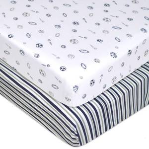 lot 85 image: American Baby Company 2 Pack 100% Natural Cotton Fitted Pack and Play Sheets 39 x 27 - Soft & Breathable Pack N Play Sheets for Playard & Mini Crib Mattress, NavyGrey Sport Stripes, for Boy & Girl - Retail $13