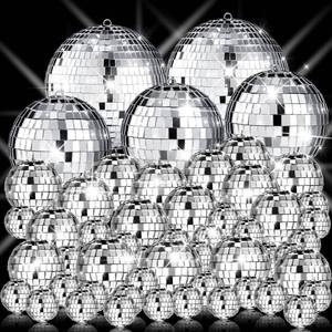 lot 92 image: Sumind 50 Pcs Disco Balls Decor Silver Mirror Disco Balls Hanging Decor Assorted Reflective Wedding Dance Music Festivals for Christmas Stage Club Ballroom Hall Prop (1.2,2,3.2,4) - Retail $26