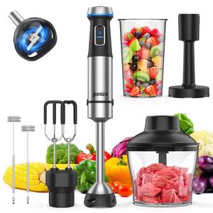 lot 107 image: Ganiza Immersion Blender Handheld, 6 in 1 Hand Blender Stainless Steel Blade, 15 Speed Stick Blenders Electric, 800ml Mixing Beaker, 600ml Chopper, Whisk, Frother, Potato Masher - Retail $70