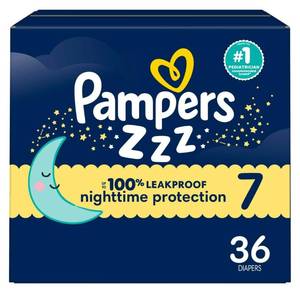 lot 109 image: Pampers ZZZ Overnight Diapers, Size 7 (41 lbs), 36 Count, Nighttime Protection Disposable Baby Diaper, Night Time Leak and Skin Protection - Retail $30