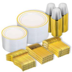 lot 112 image: N9R 600PCS Disposable Plastic Plates, Gold Plastic Dinnerware Set Includes 100 Dinner Plates, Dessert Plate, Cups, Spoons, Forks, Knives for 100 Guests, Perfect for Party, Wedding, Birthday - Retail $65