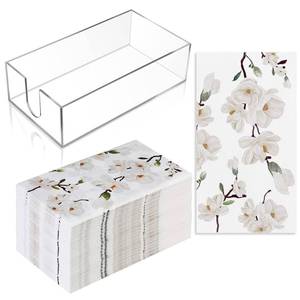 lot 116 image: Outus 100 Pcs Floral White Magnolia Paper Guest Towels 2 Ply with Acrylic Napkin Holder, Disposable Decorative Paper Towels 4.3 x 7.8 Inches Hand Napkins with Tray for Bathroom Powder Room - Retail $20