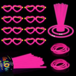 lot 124 image: 60 Pack 8�� Pink Glow Sticks Bulk Bright Glow Sticks with 60 Connectors 20 Heart Glasses Glow In The Dark Party Supplies Neon Party Decorations Glow Bracelet Glasses for Holiday Carnival (Pink) - Retail $17