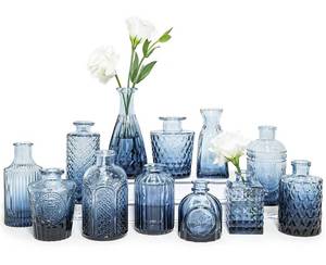lot 130 image: SUPMIND Glass Bud Vase Set of 12, Small Blue Flower Vases for Centerpieces in Bulk, Mini Vintage Vase for Wedding, Home,Table Decoration - Retail $28