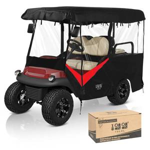 lot 131 image: 10L0L Universal Golf Cart Enclosure 86.6in 4 Passenger Fit for Yamaha Club Car EZGO TXT RXV, Waterproof Windproof Snowproof Portable Transparent 4 Sided Driving Cover (RedBlack) - Retail $140