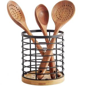 lot 136 image: WDT Tool Utensil holder for Kitchen Counter - 5.2 x 5.2 x 6 Large Round with Wooden Base Matte Black Cooking Utensil Holder Utensil Organizer (MetalBamboo) - Retail $13