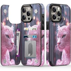 lot 167 image: FUNMIKO for iPhone 15 Pro Wallet Case with Card Holder  Cash Clip, RFID-Blocking, Military-Grade Drop Protection & UV-Printed Artwork, Magnetic Closure with Leather Kickstand - Pink Leopard - Retail $18