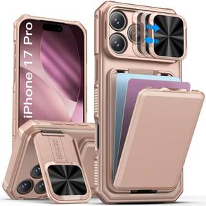 lot 173 image: SSLOTSCASE for iPhone 17 Pro Case with Wallet & Sliding Lens Cover & Kickstand & Credit Card Holder & Camera Stand, Military-Grade Protection Hard Phone Case Cover for iPhone 17 Pro 6.3, Rose Gold - Retail $23