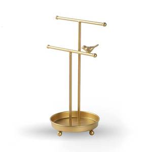 lot 180 image: SOFFEE DESIGN Tabletop Jewelry Tower Display Rack Organizer Stand Double T-Bars, Golden Jewelry Holder with Round Tray for Hanging Necklace Ring Bracelet Earring Storage Free Standing Bird Decor - Retail $20