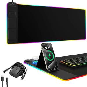 lot 193 image: Mouse Pad with Phone Holder, Wireless Charging Desk Mat, RGB Gaming Mousepad Home Office Large Desk Pad with Ultra-Smooth Surface, Non-Slip Base, Waterproof Keyboard Pad,Black with 20W USB C Charger - Retail $35