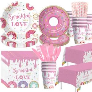 lot 201 image: Suhelkit Donut Baby Sprinkle Decorations Tableware Girl - Sprinkled with Love Baby Shower Party Supplies, Paper Plate, Napkin, Cup, Tablecloth, Cutlery, Pink Donut Baby Shower Decorations  24 Guests - Retail $18