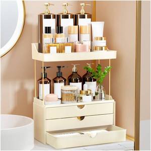 lot 208 image: StorBin 3 Drawers Bathroom Counter Organizer - 5 Tier Makeup Organizer, Versatile Perfume Organizer, Ideal for Bathroom Storage, Vanity, Large Skincare, Perfume, Present, Cream White - Retail $22