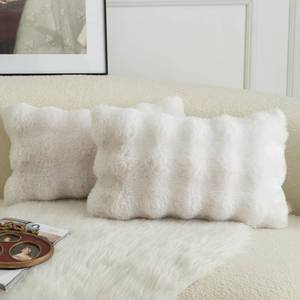 lot 212 image: MANDIOO Pack of 2 Thick Plush Wool Decorative Throw Pillow Covers Super Soft Wave Bubble Fur Velvet Cushion Covers Pillow Shams for Couch Bed Living Room 12x20 Inch Cream White - Retail $19