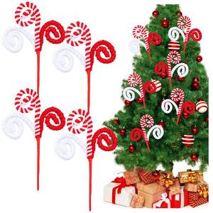 lot 237 image: 4Pcs Red White Christmas Tree Picks, Christmas Candy Cane Picks, Xmas Tree Topper Sticks Ornaments, Large Tree Woolen Candy Curly Topper Sticks Lollipop for DIY Craft Wreath Home Holiday Decor - Retail $10