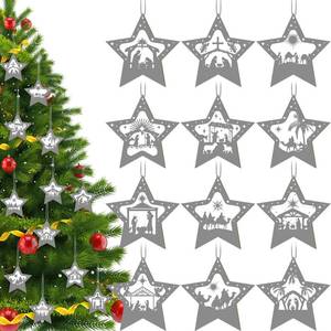 lot 243 image: 60 Pcs Christmas Nativity Scene Ornaments Christmas Wooden Hanging Ornament Star Shaped Wooden Ornaments Jesus Ornament Nativity Scene Keepsake for DIY Handmade Wedding Christian Holidays - Retail $5
