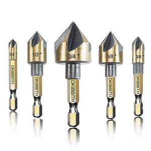 lot 255 image: Countersink Drill Bit Set, 5pc, 14 Hex Shank, 82 Degree Countersink Holes for Screws to Sit Flush or Under The Surface of Metal Wood Plastic, Sizes 14, 38, 12, 58, 34 Inches with Storage Case - Retail $15