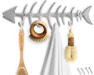 lot 266 image: Comfify Fish Bones Wall Mounted Towel Rack �� Cast Iron Hanger with 4 Hooks �� Antique White �� Includes Screws and Anchors - Retail $18
