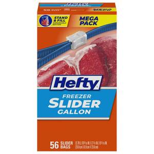 lot 267 image: Hefty Slider Freezer Kitchen Storage Bags, Gallon Size, 56 Count - Retail $8