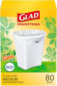 lot 270 image: Glad Medium Trash Bags, 8 Gallon, Gain Original with Febreze Garbage Bags, With Odor Control and Drawstring, 80 Count - Retail $17