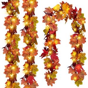 lot 54721 image: 3 Pack Fall Leaf Garland with Lights, Total 17.7 Ft String Lights Fall Vines Autumn Garland Artificial Maple Fall Leaves Thanksgiving Decor for Home Wedding Fireplace Party - Retail $22