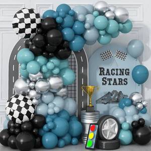 lot 54728 image: Race Car Balloons Garland Arch Kit, Dusty Blue Balloons Green Black Balloon Pale Blue Metallic Silver Balloon Arch Kit with Checkered Foil Balloon for Car Fast Birthday Baby Shower Party Decorations (balloons only) - Retail $15