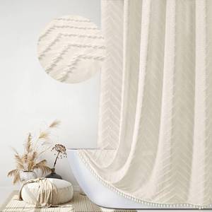 lot 54729 image: Boho Farmhouse Shower Curtain, 72 x 72 Tufted Chevron Textured Striped Modern Farmhouse Minimalist Cream Shower Curtain for Bathroom - Retail $27