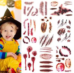 lot 54741 image: 9 Sheets Face Body Horror Realistic Fake Bloody Wound Stitch Scar Scab Waterproof Temporary Tattoos Sticker Halloween Fools Day Zombie Masquerade Prank Makeup Props for Kids Adult Fun - Retail $9