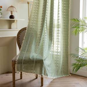 lot 54744 image: Sage Green Boho Curtains 84 inch Long 2 Panels for Living Room Bedroom, Vintage Embroidered Striped Semi Sheer Linen Farmhouse Light Filtering Drapes Privacy Casual Country Xmas Decor,W52xL84 - Retail $40